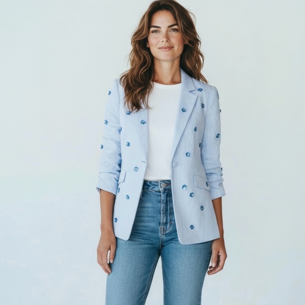 cinq a sept Light Blue Floral Embroidered Blazer